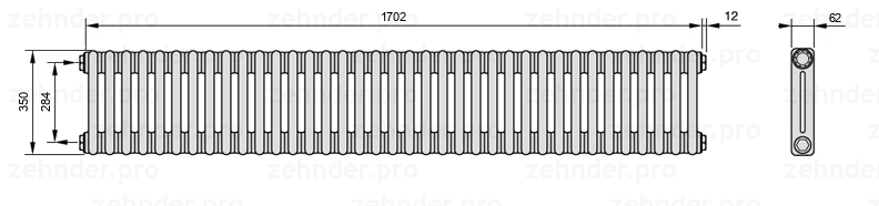 Схема (чертеж) Радиатор Zehnder Charleston 2035/37 №1270 Белый глянцевый RAL 9016